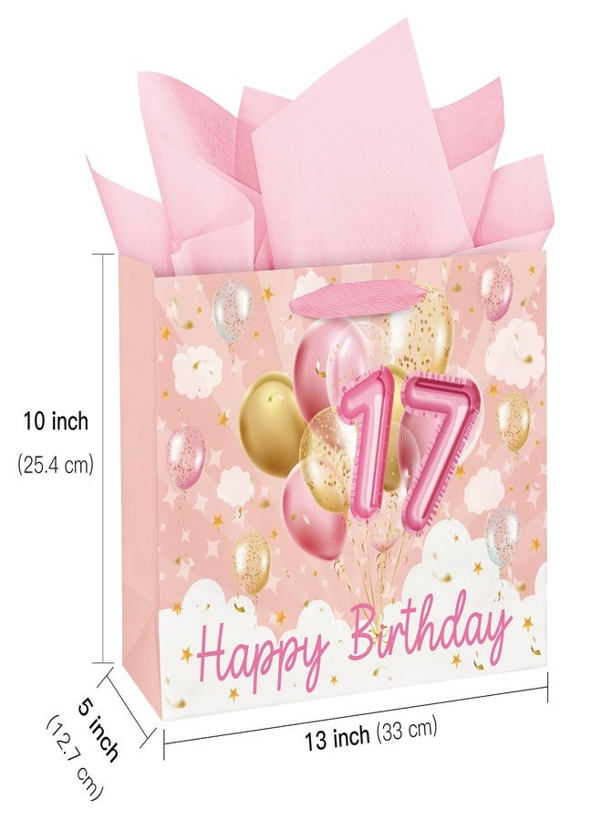 WRAPAHOLIC 13" 17th Birthday Gift Bags with Tissue Paper - 17 Year Old - Pink Gold Balloon Paper Bags for Girls Birthday Keepsake Party - Image 2